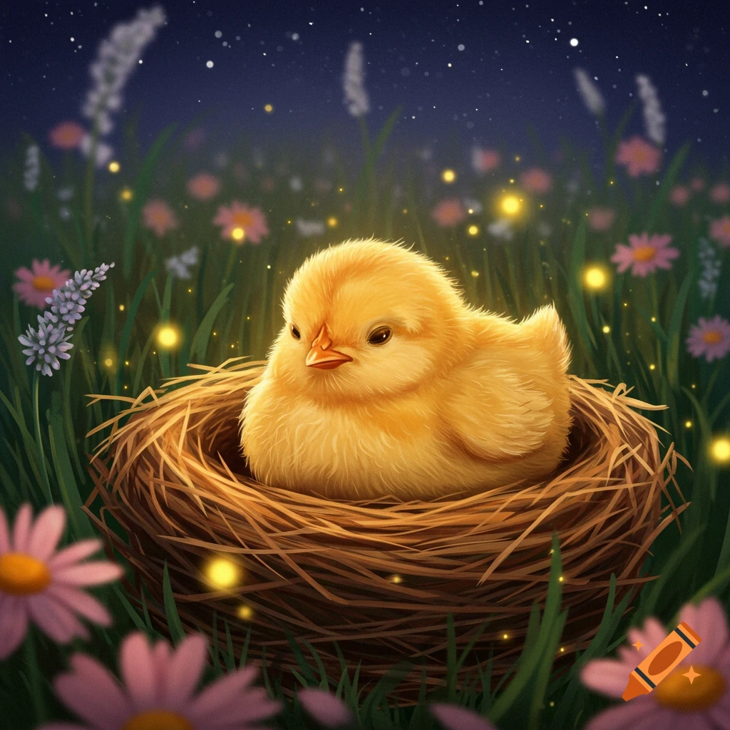A fluffy yellow baby chick sits in a nest surrounded by glowing fireflies, flowers, and grass under a starry night sky, whimsical art style.