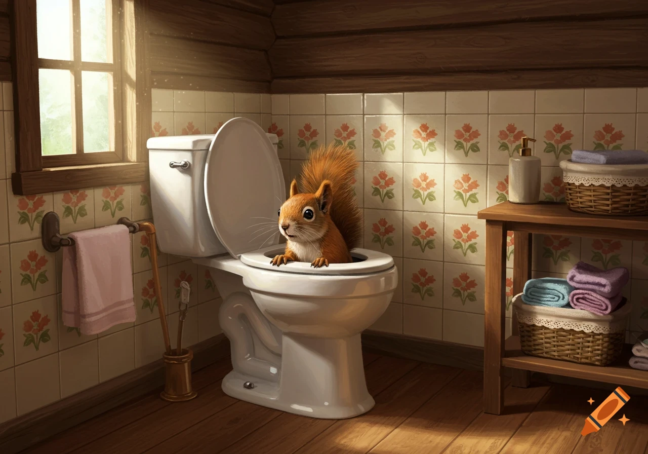 A cute squirrel peeks out of a toilet in a rustic bathroom with floral tiles, bathed in sunlight from a window.