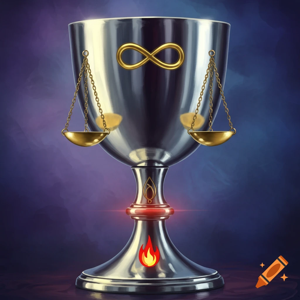 A silver chalice with a golden infinity symbol, hanging golden scales, and a red flame icon at the base, on a dark, mystical background.