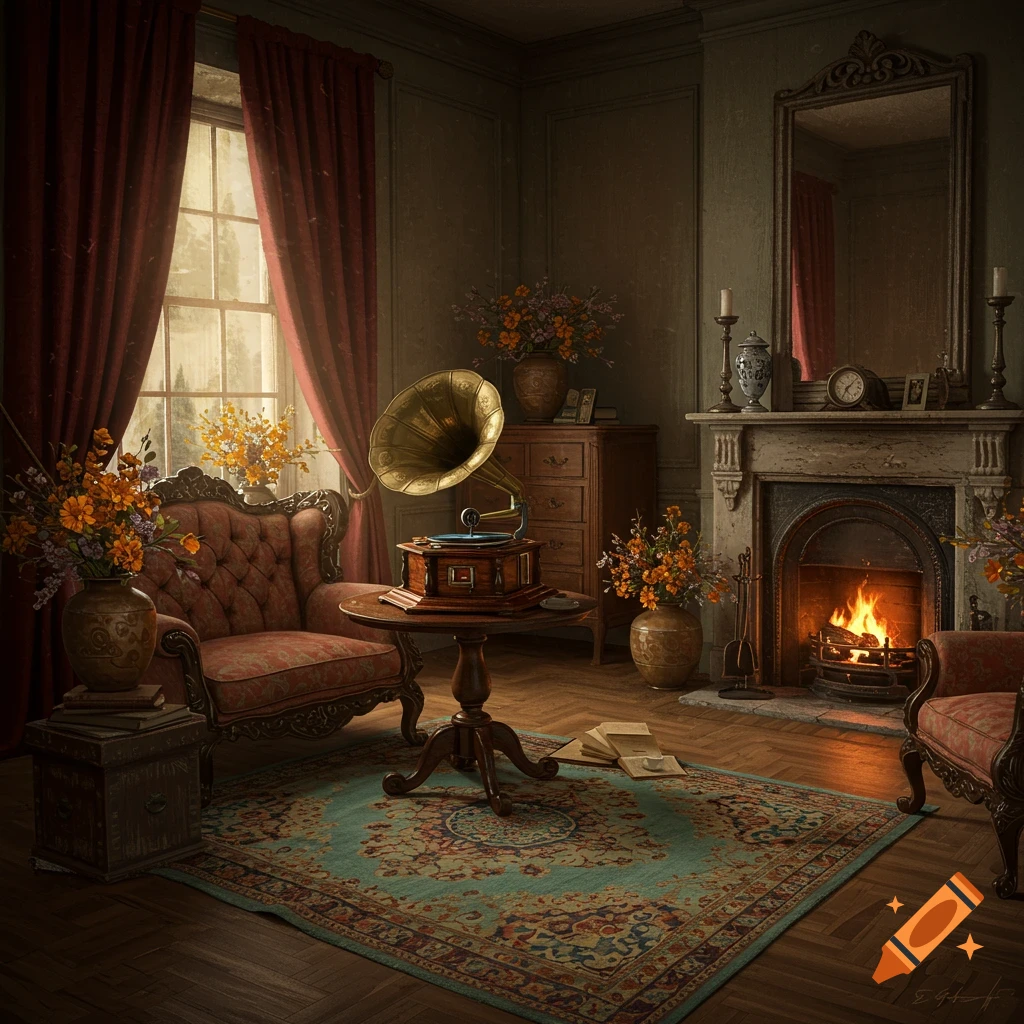A warmly lit antique living room with a lit fireplace, a gramophone, an armchair, and red drapes.