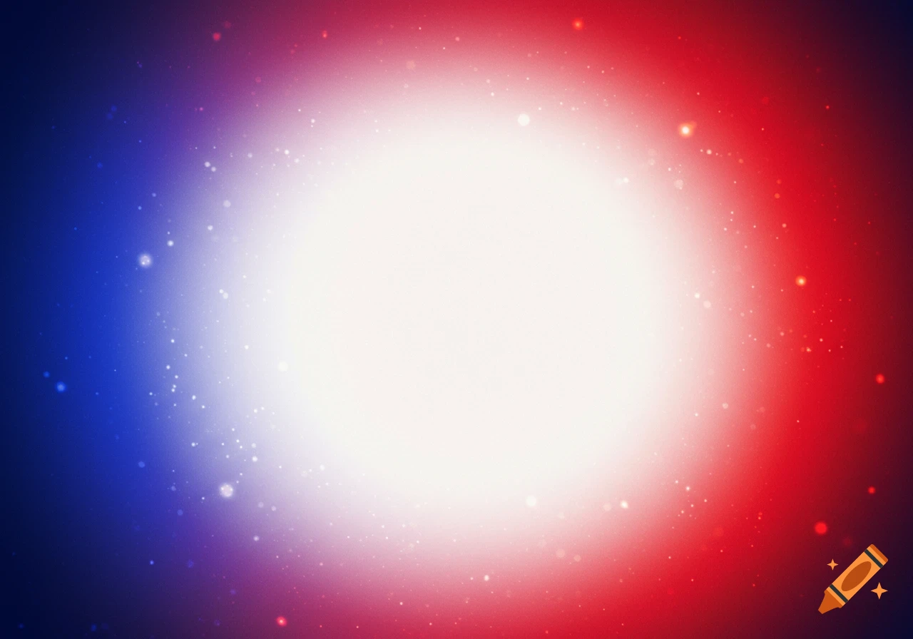 Red, white, and blue gradient background with a bright white center and scattered light particles.