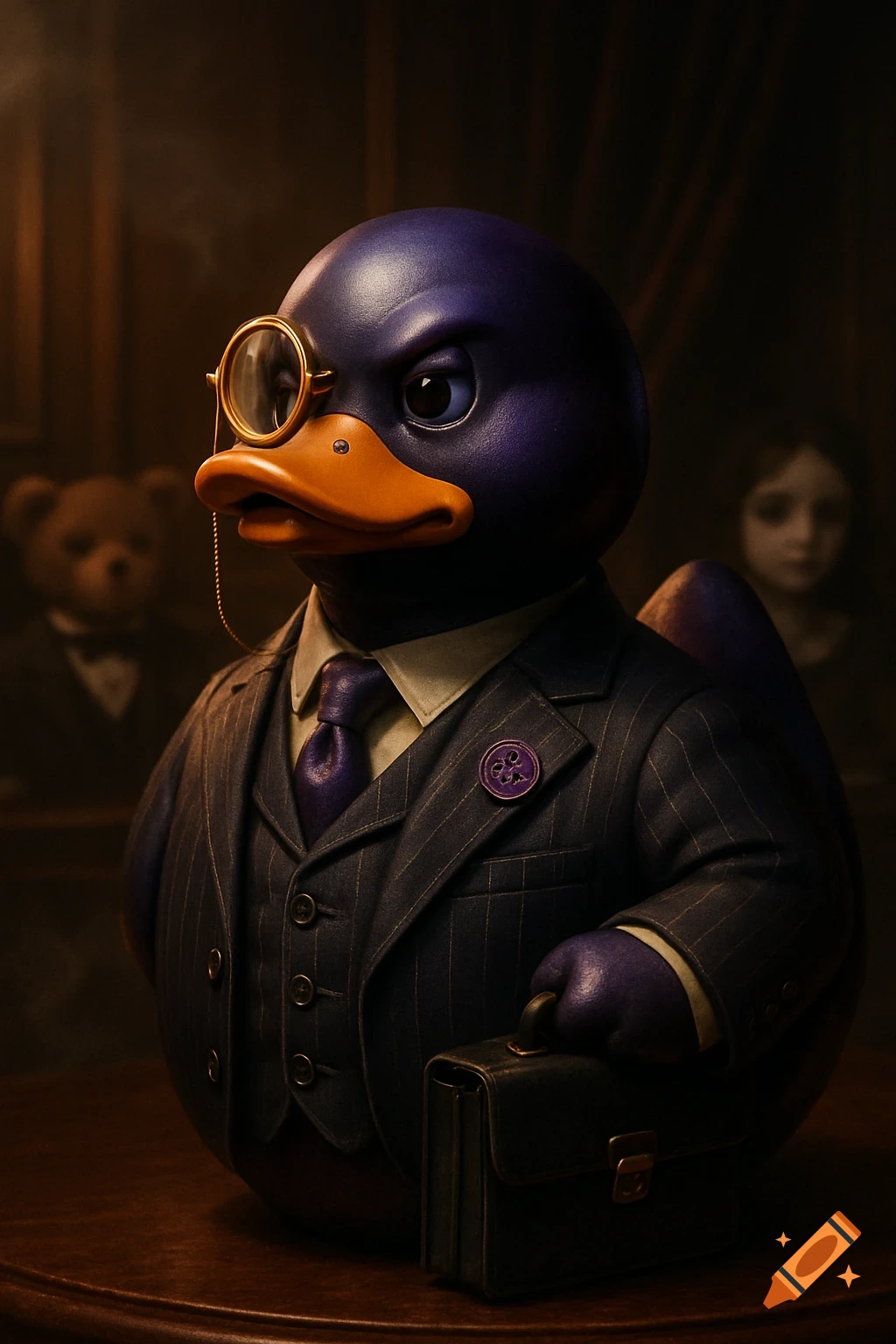 A purple rubber duck in a pinstripe suit, monocle, and holding a briefcase in a dimly lit, luxurious room. Blurred teddy bear and doll figures are in the background.