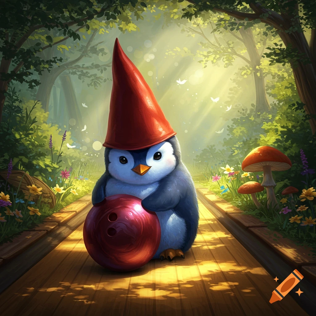 A cute penguin in a red gnome hat holds a red bowling ball on a sunlit wooden path through a whimsical forest with mushrooms.