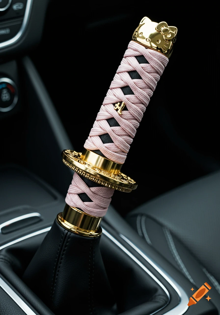 A detailed shot of a custom car gear shift designed as a pink-wrapped katana handle with a gold Hello Kitty pommel.