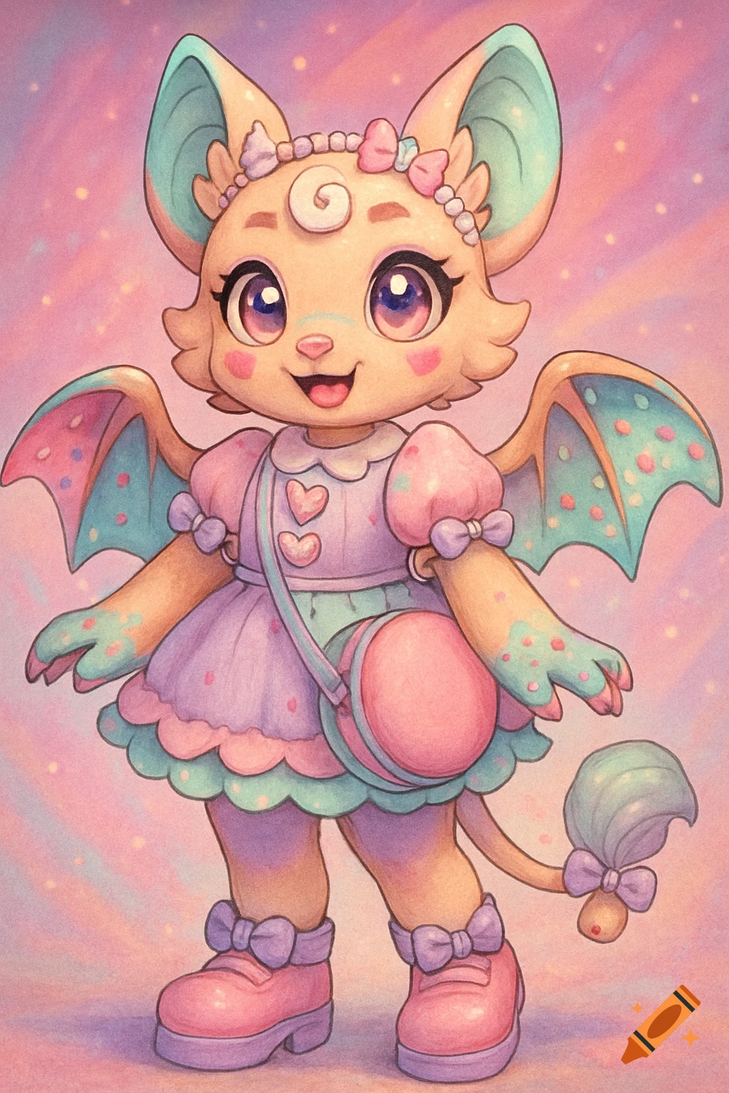 A cute anthropomorphic pastel bat character named Macaron, wearing a frilly dress, platform shoes, and a macaron purse in a soft kawaii art style.