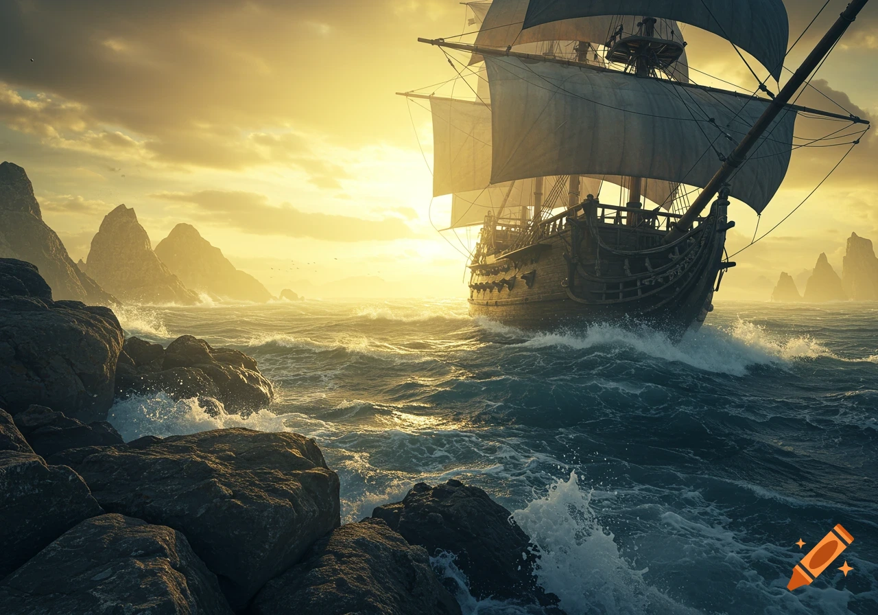 A photorealistic image of a pirate ship sailing on rough seas at sunset, with large rocks in the foreground.