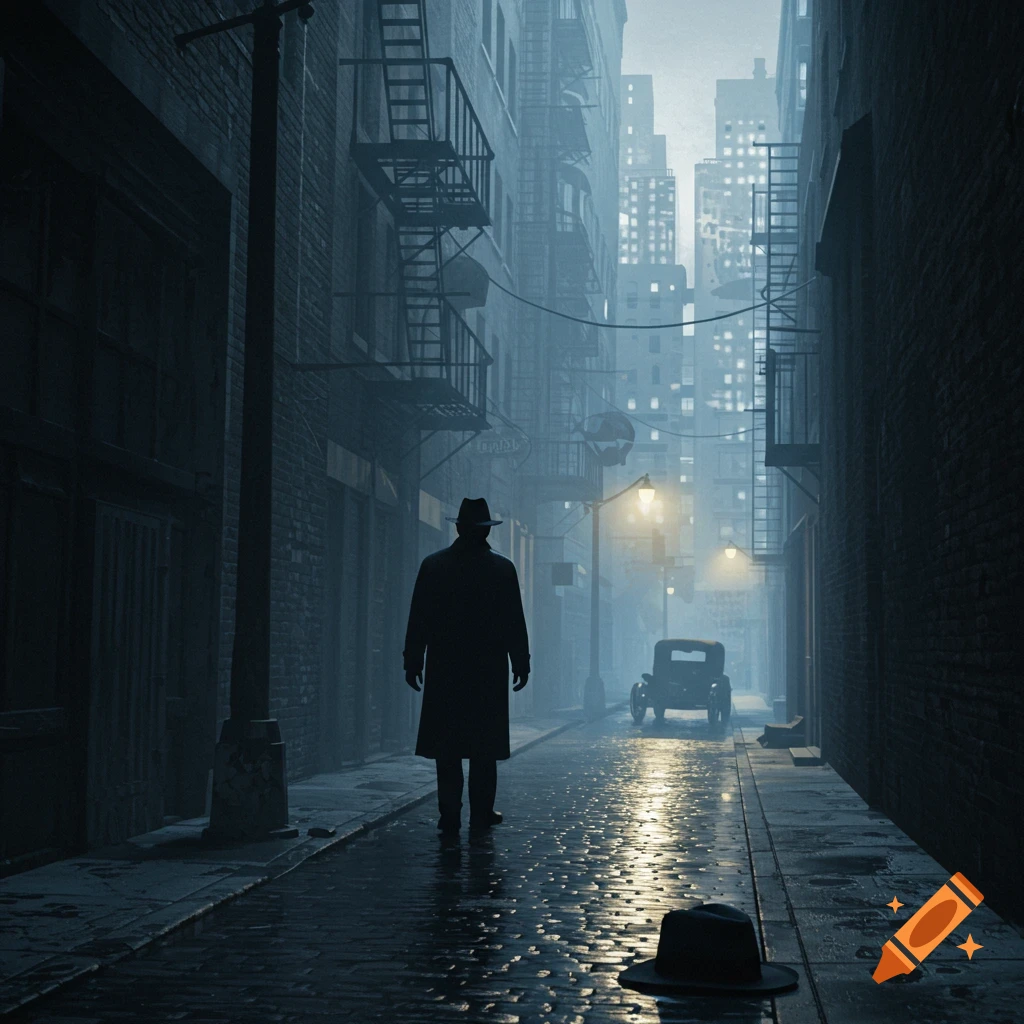 Silhouetted man in trench coat walks down a dark, wet city alley at night with a classic car.
