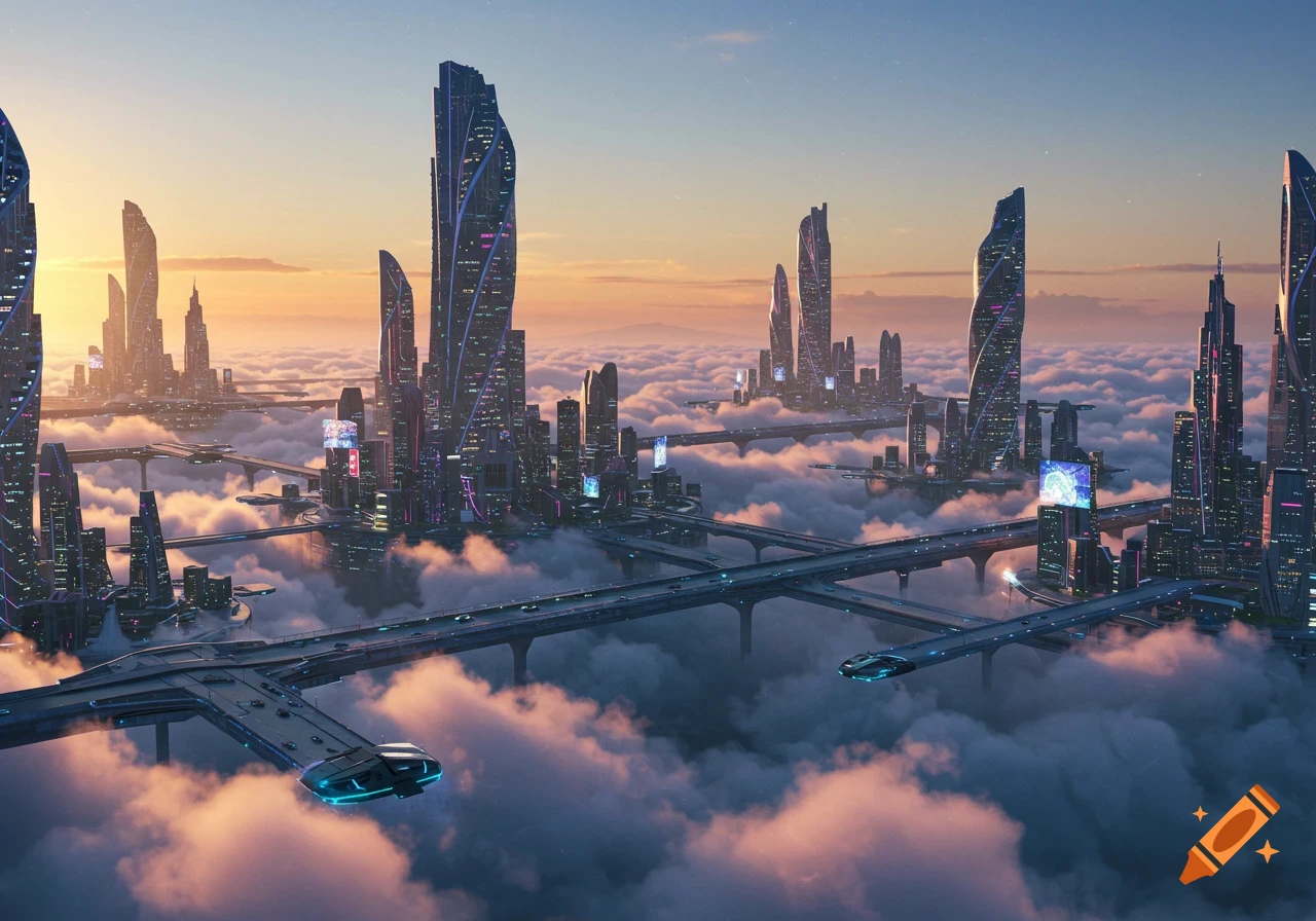 A sprawling futuristic city with illuminated skyscrapers floating above a sea of clouds during sunset.