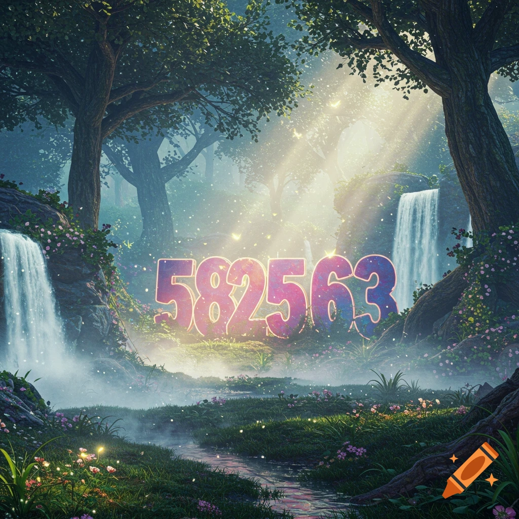 A magical forest scene with glowing numbers '582563' in the center, flanked by two waterfalls under dappled sunlight.