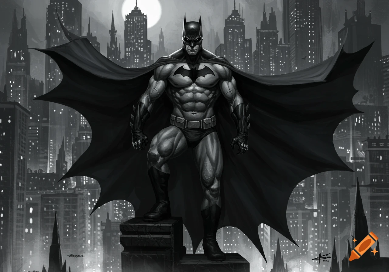 A muscular Batman in a cape and costume stands on a building overlooking a grayscale city under a full moon.