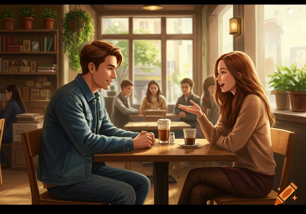 An illustrated young man and woman talking at a table in a cozy cafe.