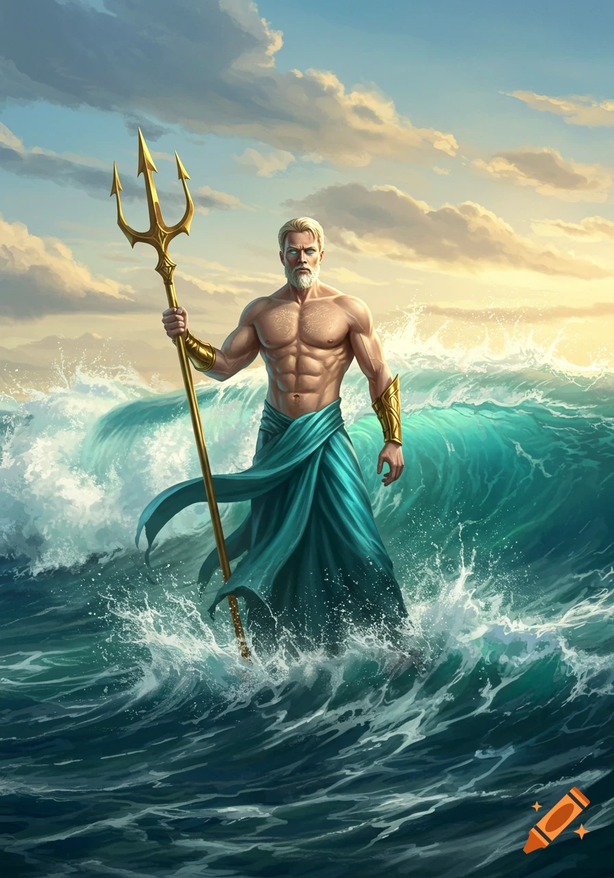 Muscular, blonde, bearded man as Poseidon stands in turquoise ocean waves, holding a golden trident, against a dramatic sky.