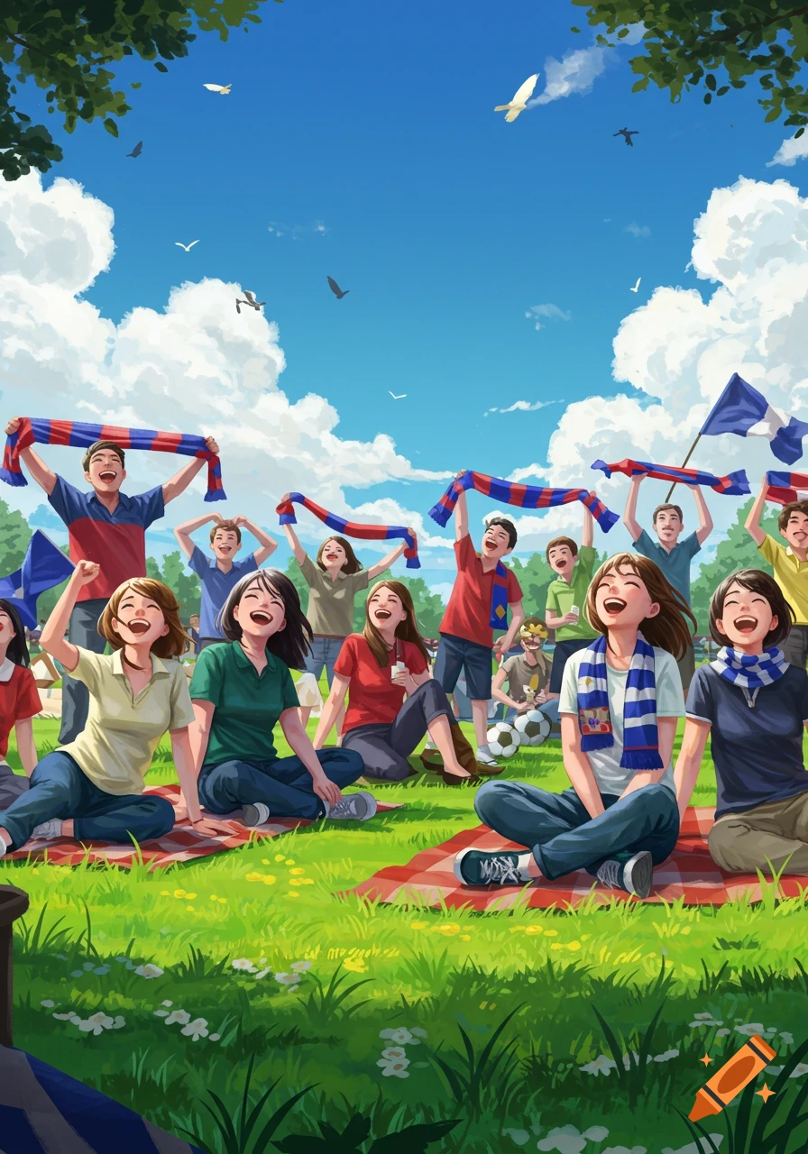 An illustration of happy, diverse people cheering with sports scarves and flags on a picnic blanket in a sunny park, with a soccer ball nearby.
