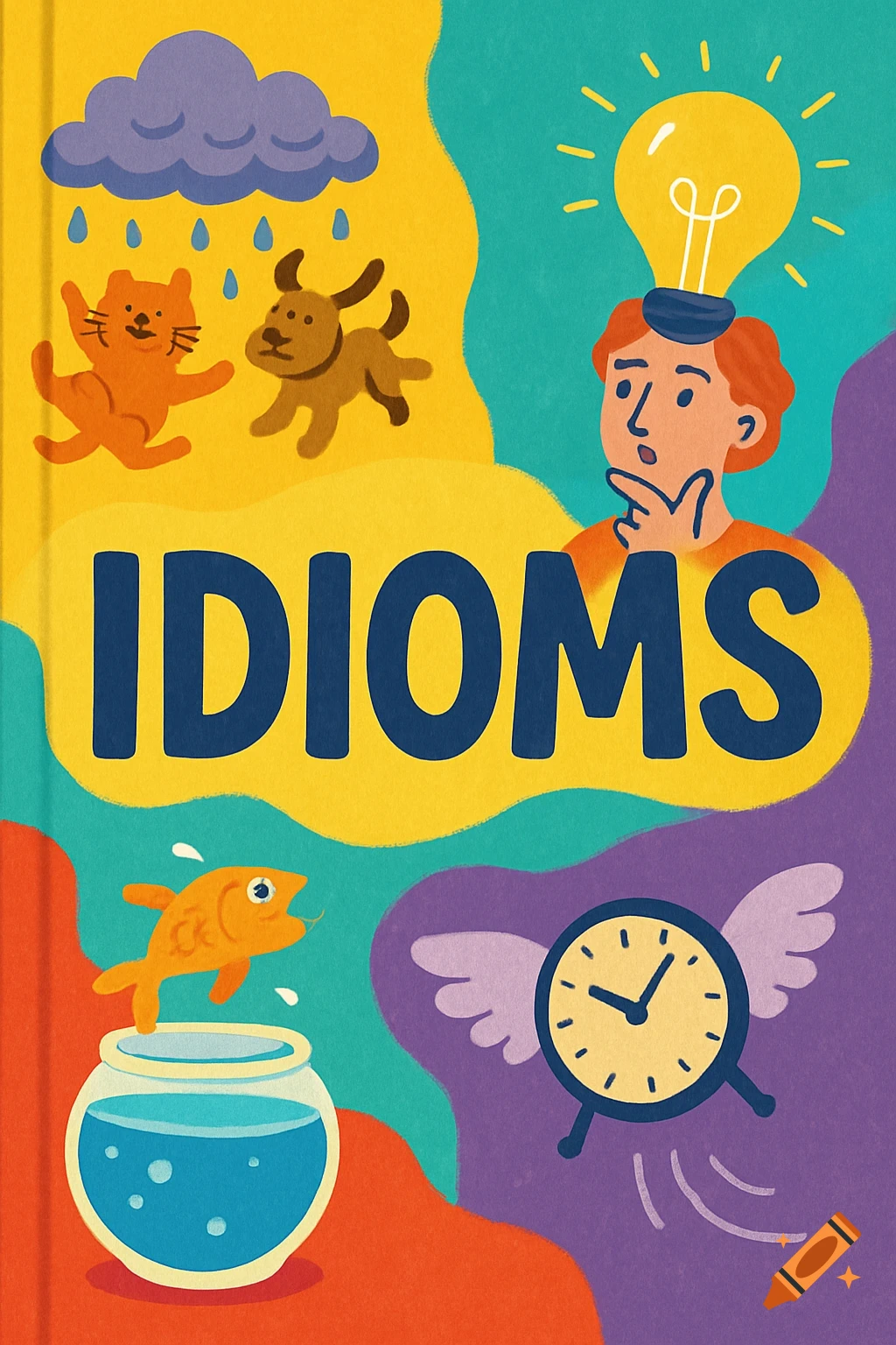 Vibrant illustrated book cover for 'IDIOMS' with raining animals, a person with a lightbulb, a fish out of water, and a winged clock.
