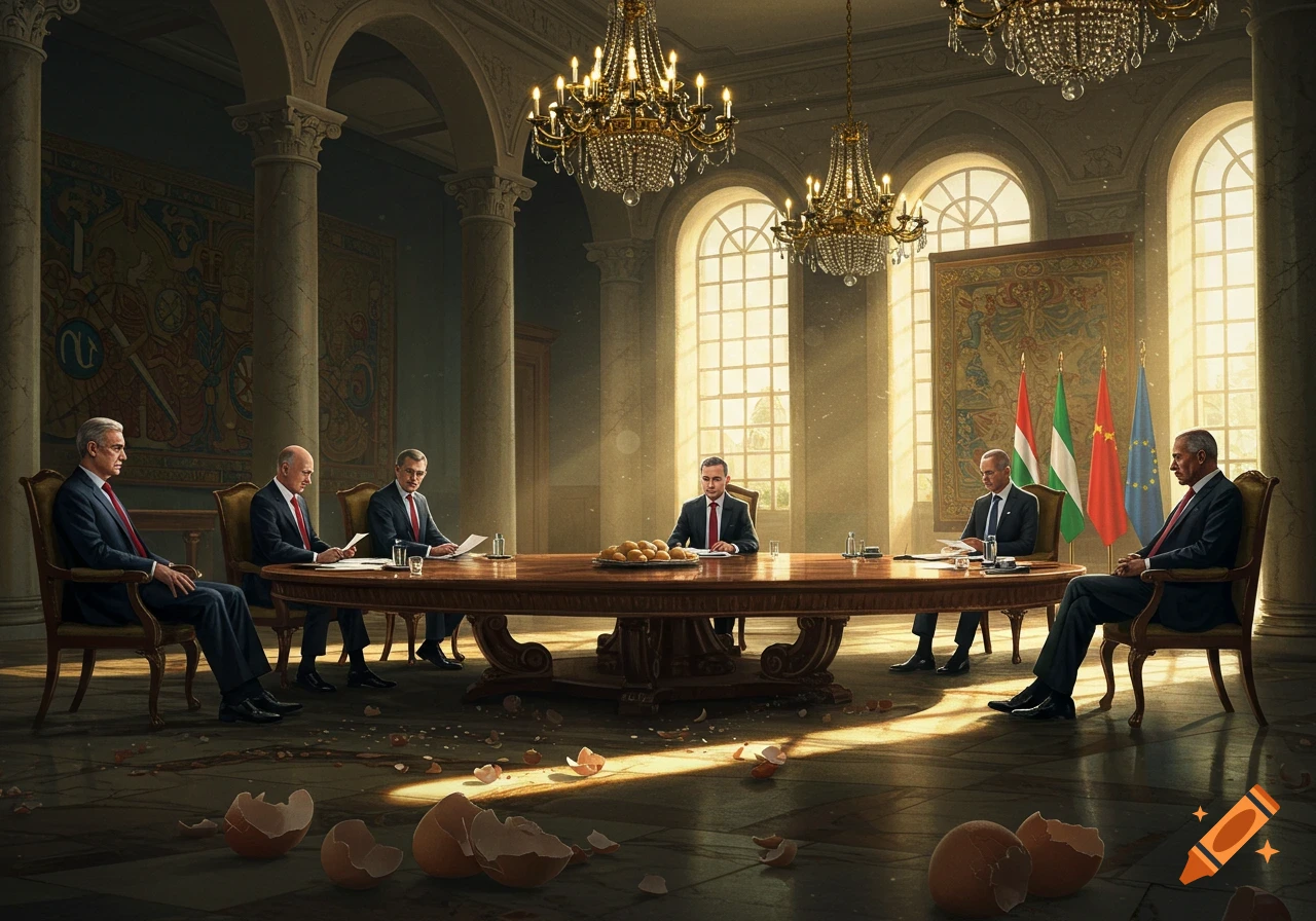 Photorealistic image of six world leaders in suits at a meeting table in a grand hall, with broken eggshells on the floor.