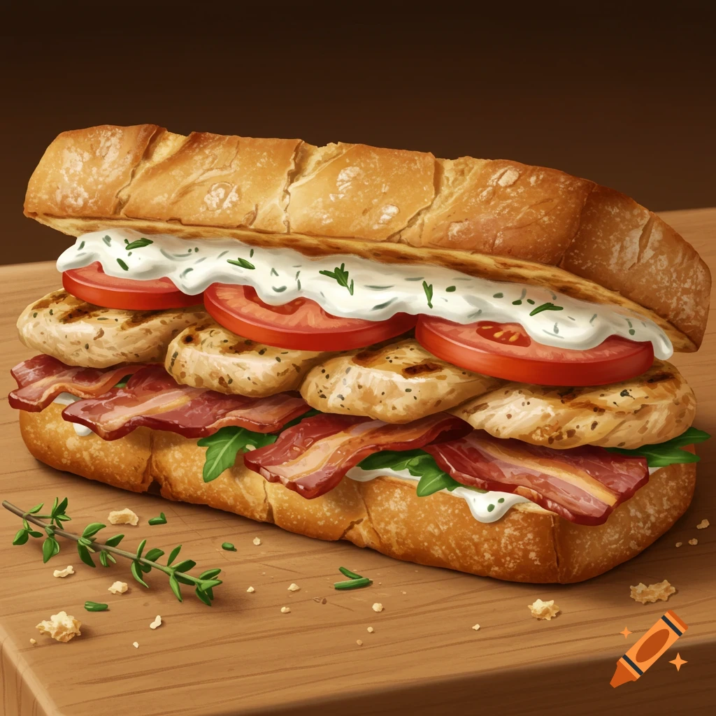 A delicious grilled chicken and bacon sandwich on a baguette with tomatoes, ranch, and greens, on a wooden board.