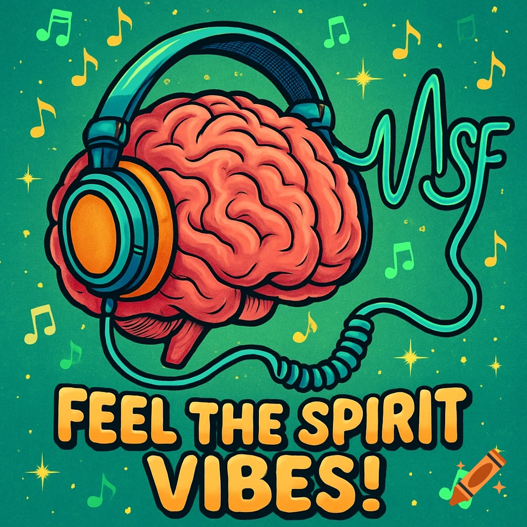 A colorful cartoon illustration of a brain wearing headphones, surrounded by musical notes. The headphone cable spells MSF, and the text "FEEL THE SPIRIT VIBES!" is below.