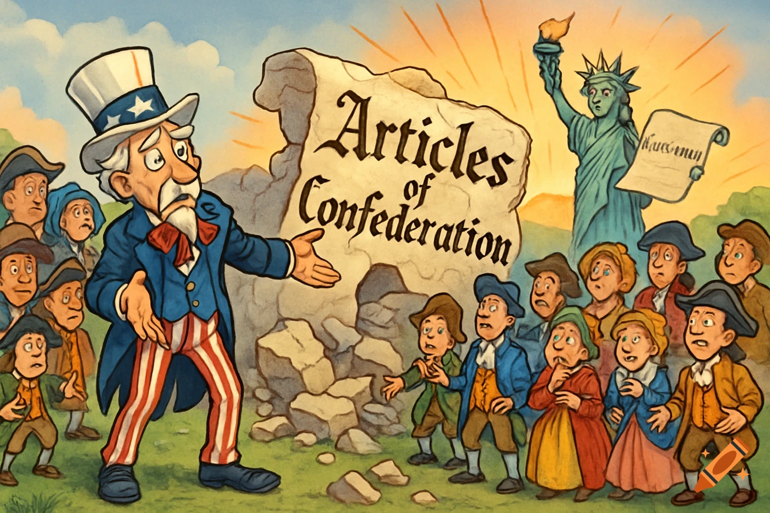 Cartoon: Uncle Sam gestures at a crumbling 'Articles of Confederation' stone, observed by historical figures and Statue of Liberty.