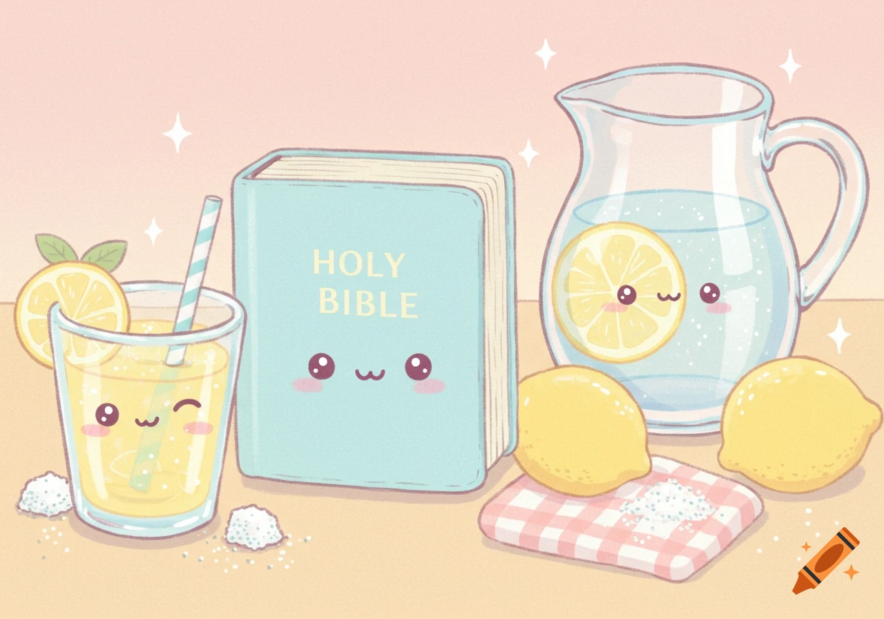 Kawaii pastel illustration of a smiling Holy Bible, a glass of lemonade, and lemons.