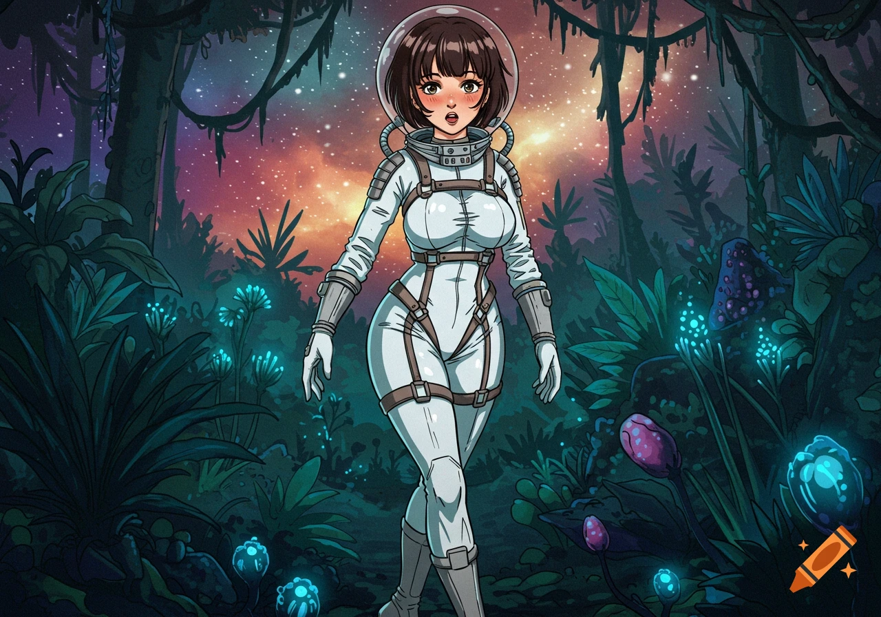 Anime girl in a white spacesuit exploring a vibrant alien jungle with glowing plants under a starry sky.