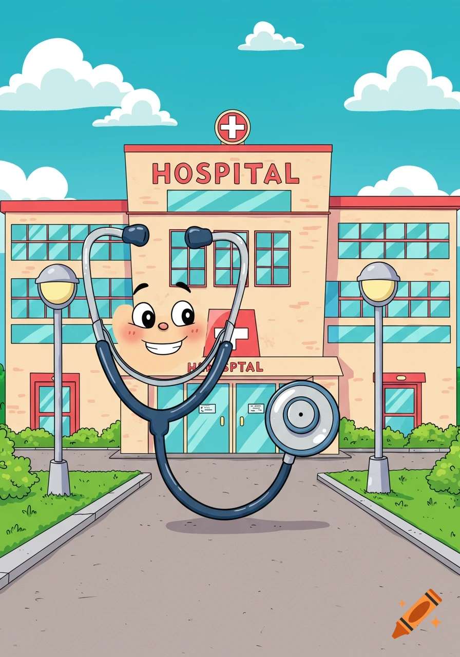 A smiling cartoon stethoscope character stands on a path in front of a hospital building, depicted in a bright illustration.