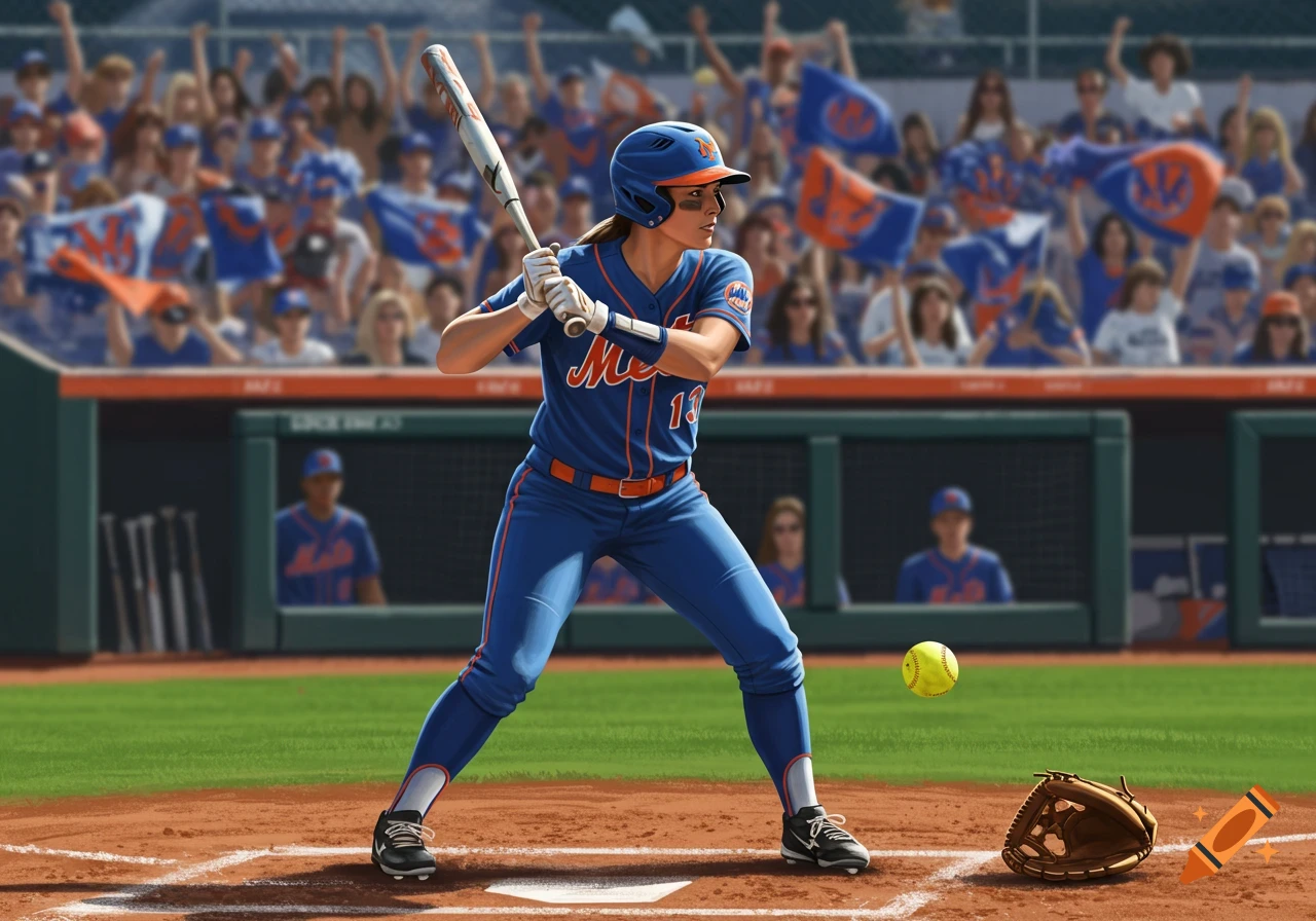 A female softball player in a blue Mets uniform holds a bat, ready to hit. A softball and glove are on the dirt field, with a crowd in the background.