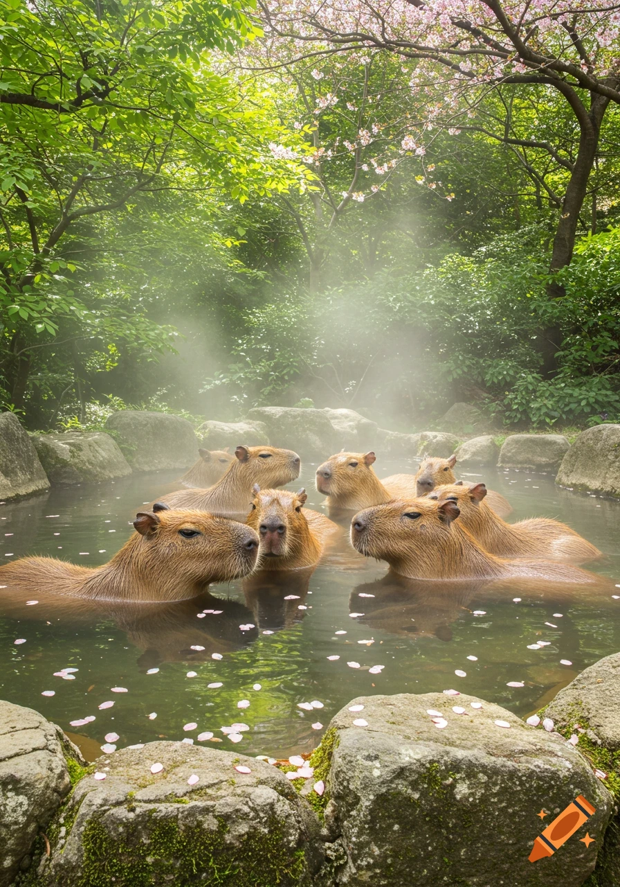 Photorealistic image of multiple capybaras bathing in a steamy hot spring with pink cherry blossoms overhead.
