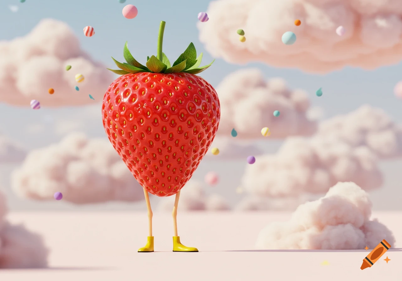 A large, whimsical 3D strawberry with yellow-booted legs stands under a blue sky with pink clouds and floating candies.