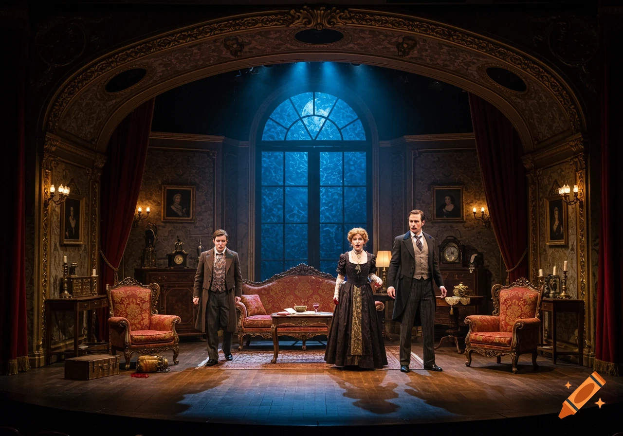 Three actors in period costumes perform on a dark, ornate Victorian stage set for a murder mystery play.