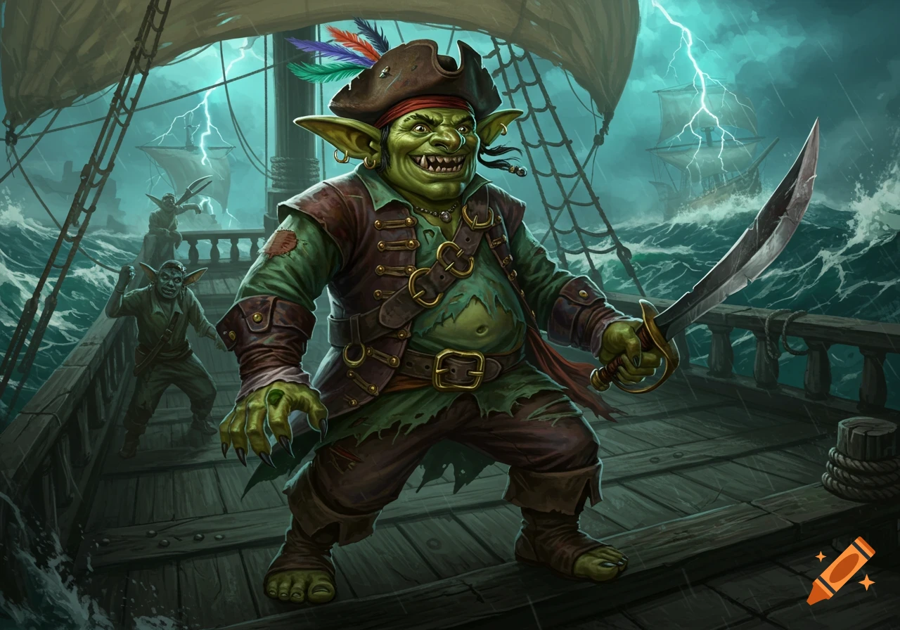 A grinning green goblin pirate with a feathered hat and cutlass stands on a storm-tossed ship deck with lightning in the background. Digital fantasy art.