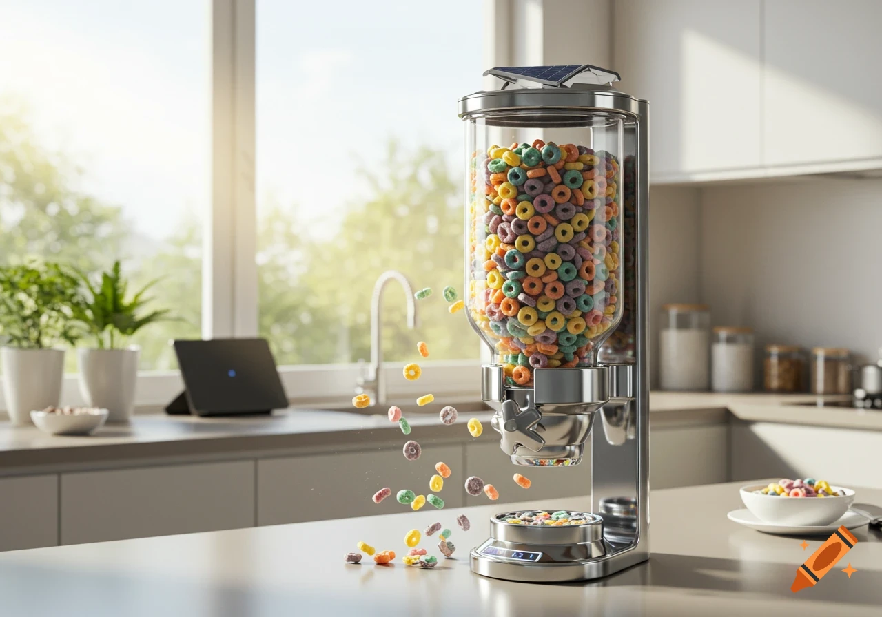 Photorealistic image of a chrome solar-powered cereal dispenser pouring colorful cereal into a bowl in a bright modern kitchen.