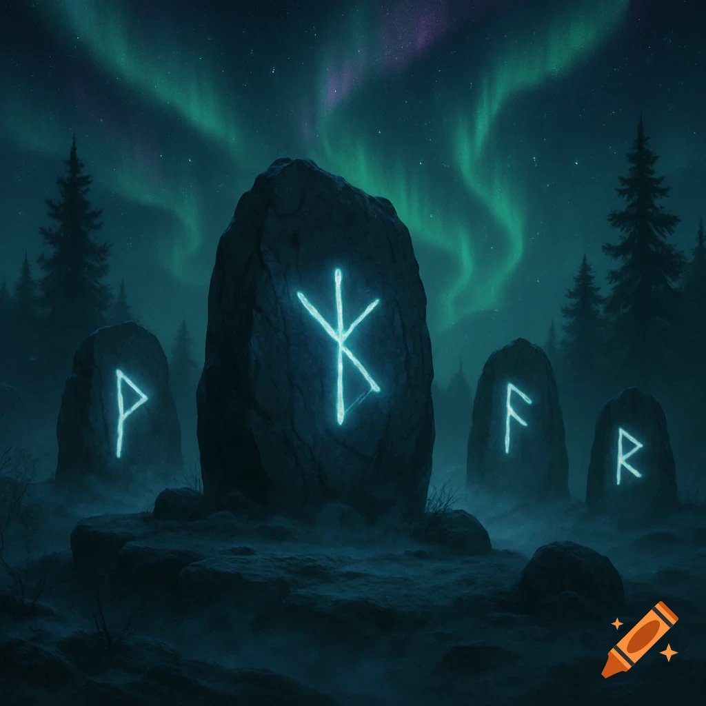Glowing runestones stand in a dark, misty forest under a vibrant green and purple aurora borealis.