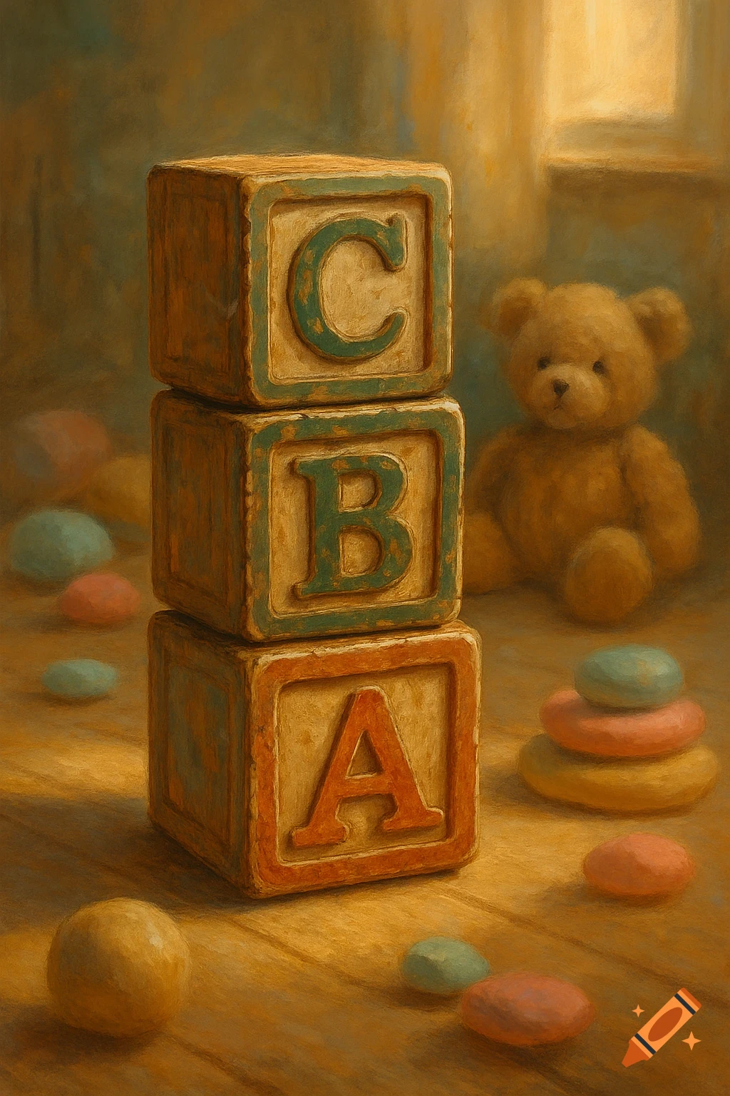 A painterly image of stacked alphabet blocks spelling CBA, a teddy bear, and other colorful toys on a wooden floor.