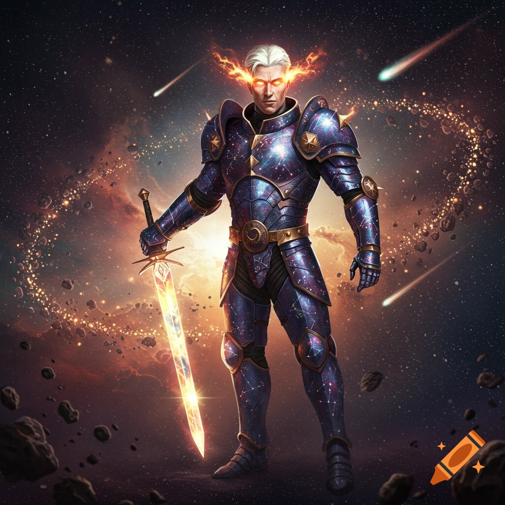 A cosmic warrior in starry armor with glowing eyes and a flaming sword stands in space with meteors and nebulae.