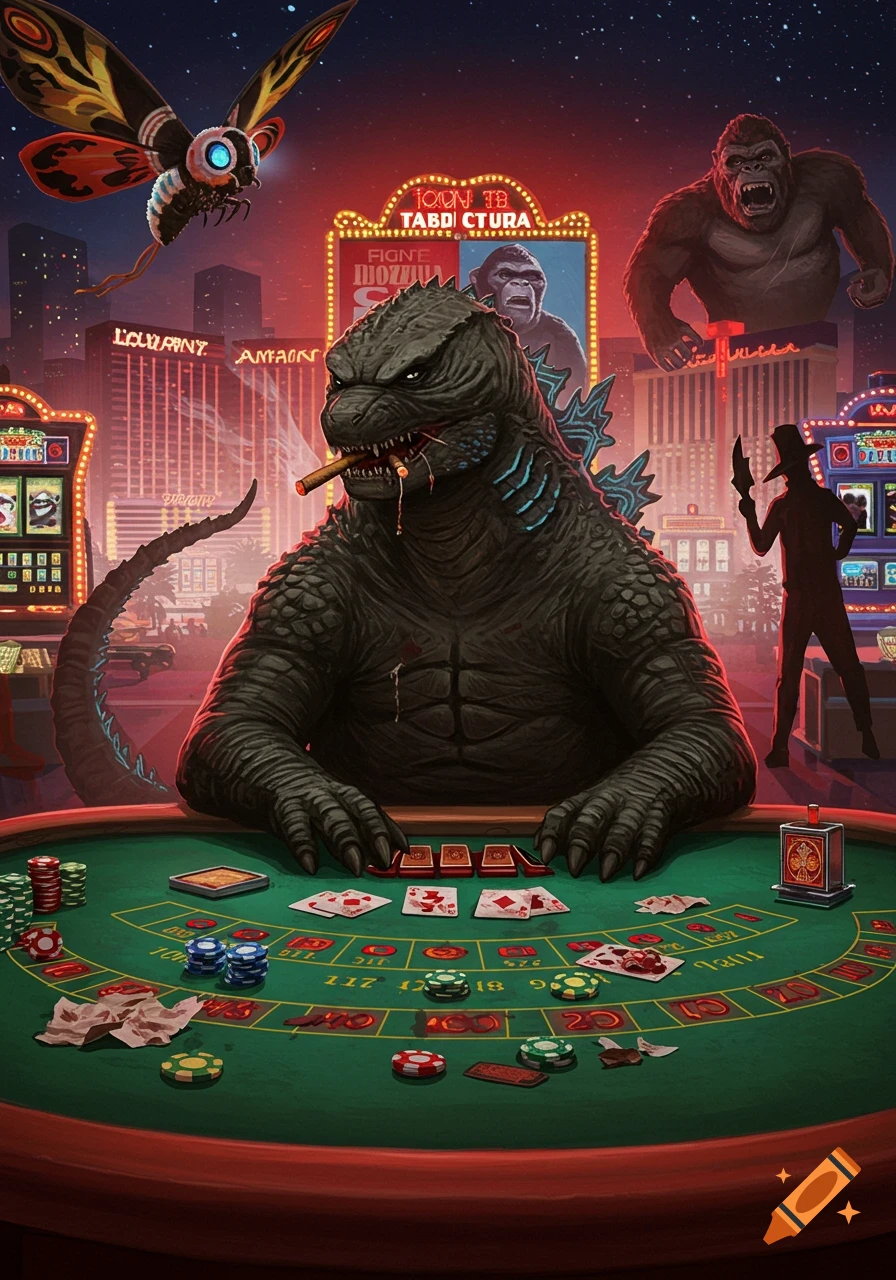 Godzilla, smoking a cigar, plays cards at a casino table while Mothra flies above and King Kong looms in the background of a city skyline at night, in a detailed illustration.