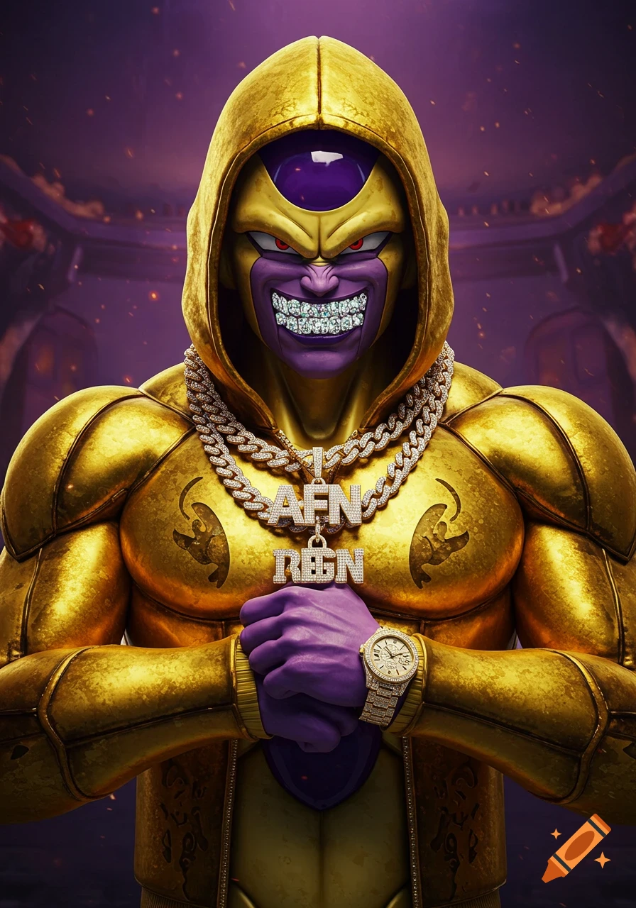 Frieza from Dragon Ball Z, in Golden Frieza form, wears a gold hoodie, diamond grills, and diamond-studded chains with an "AFN" charm and a "RÈGN" charm. He also sports a diamond-encrusted watch on his wrist, exuding a gangsta, opulent aura. The background is dark purple with subtle details.