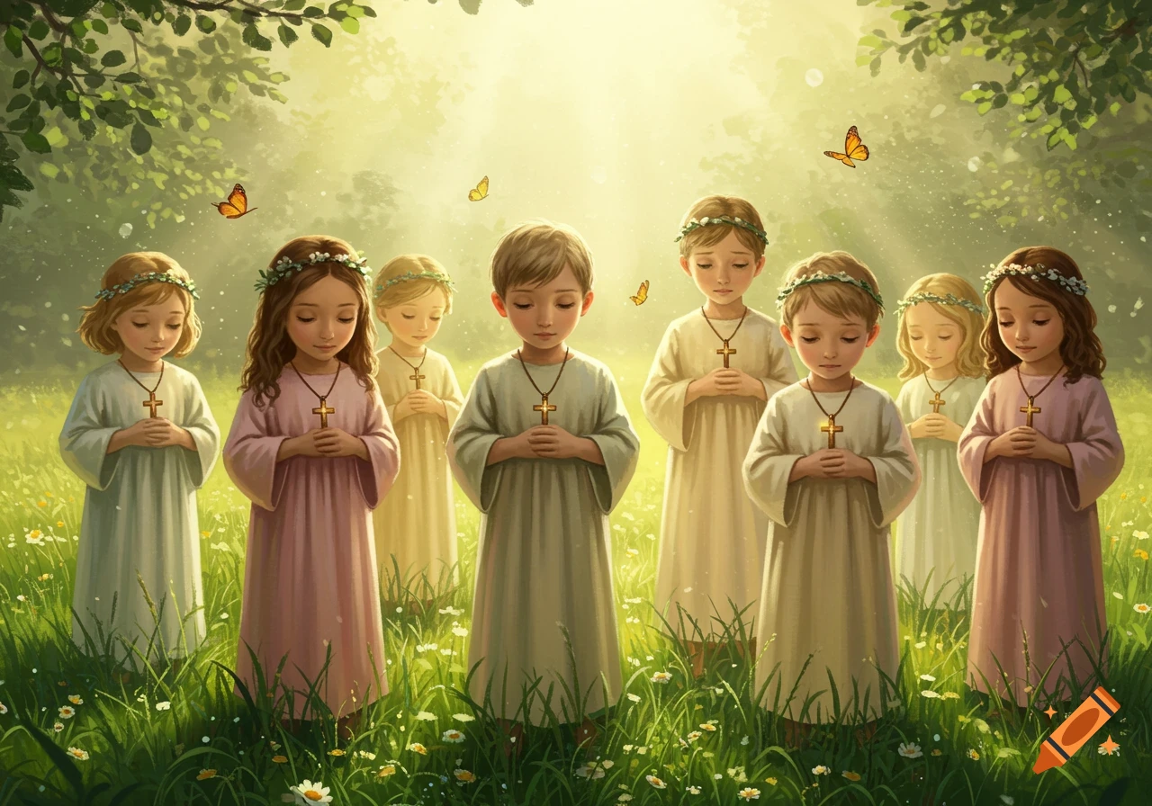 A group of children in white and pink robes with flower wreaths stand in a sunlit grassy field, holding crosses and praying.