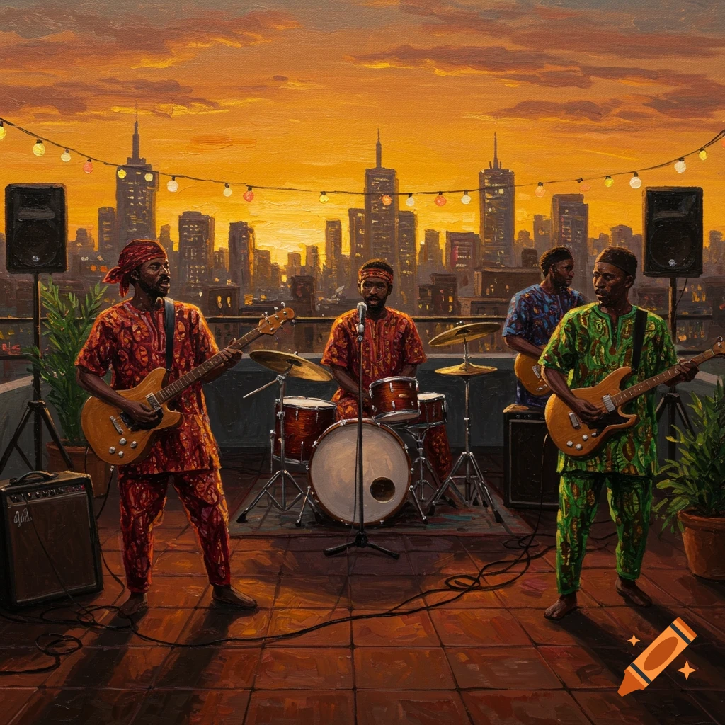 African rock band plays guitars and drums on a city rooftop at sunset, in an oil painting style.