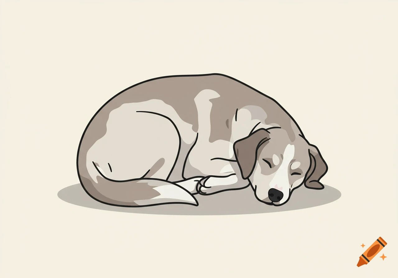 A stylized illustration of a beige and gray dog curled up and sleeping on a light background.