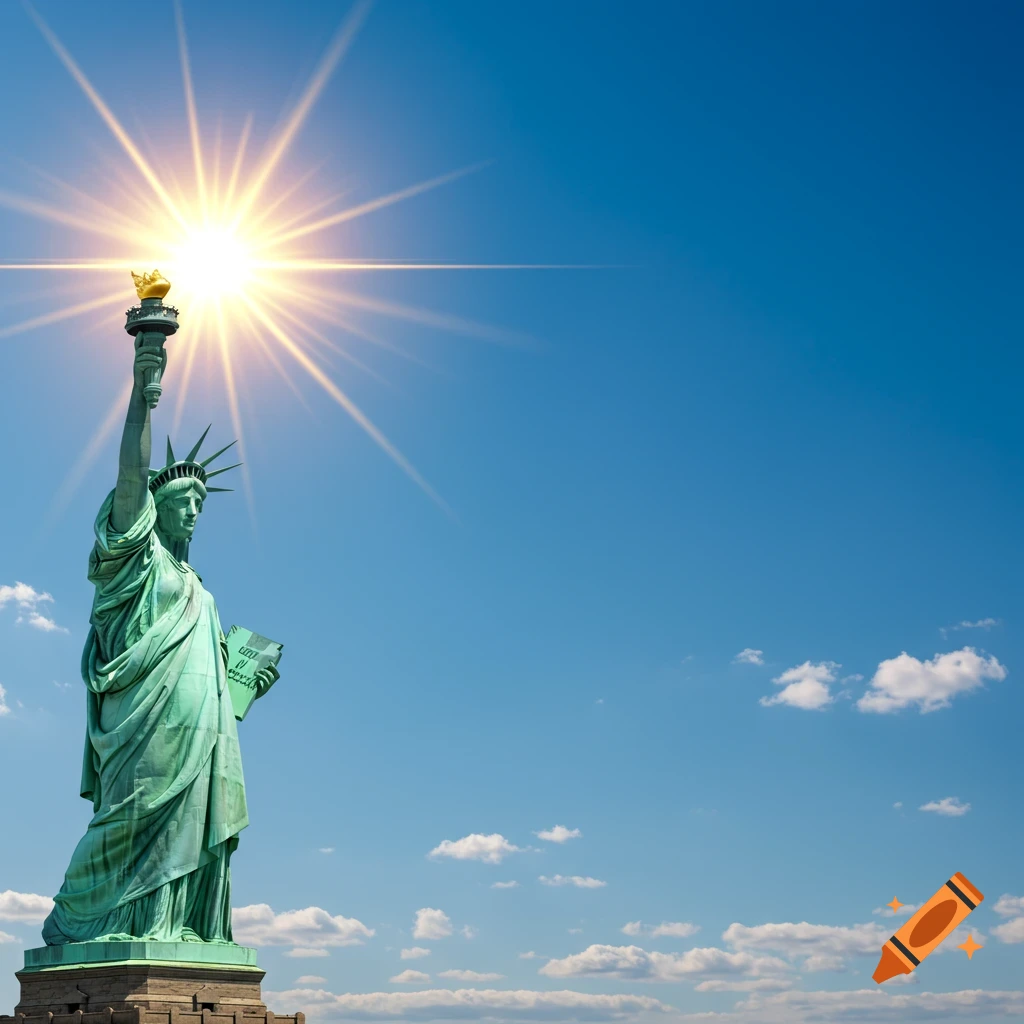 Photorealistic Statue of Liberty with a glowing torch like the sun against a bright blue sky, sparse clouds.