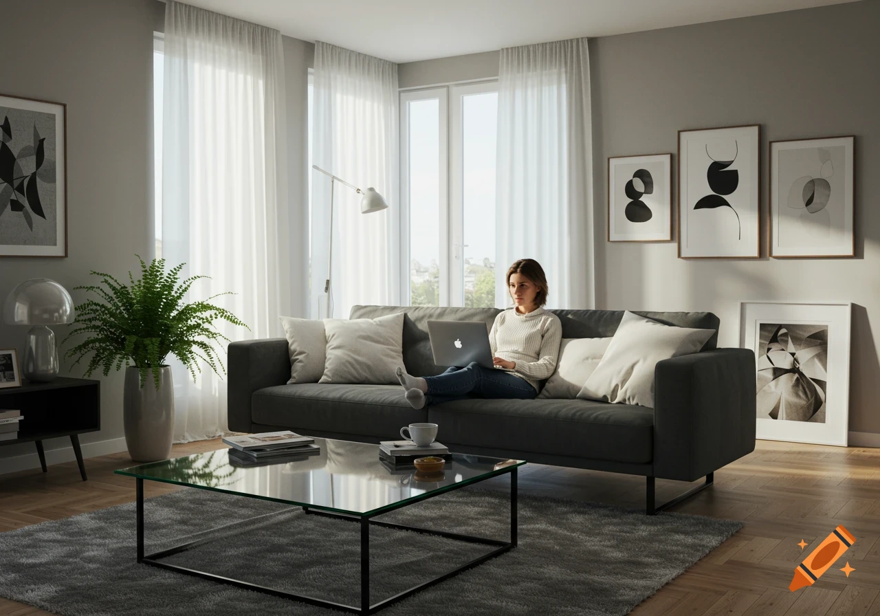 A young woman sits on a dark gray sofa with a laptop in a bright, modern living room with large windows and a glass coffee table.