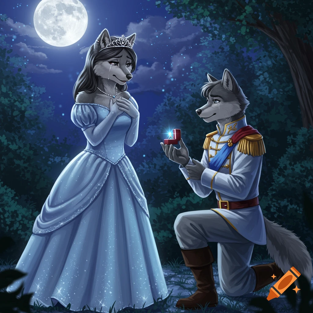 Digital illustration of an anthropomorphic male wolf prince proposing to a wolf princess in a blue gown under a full moon in a forest.