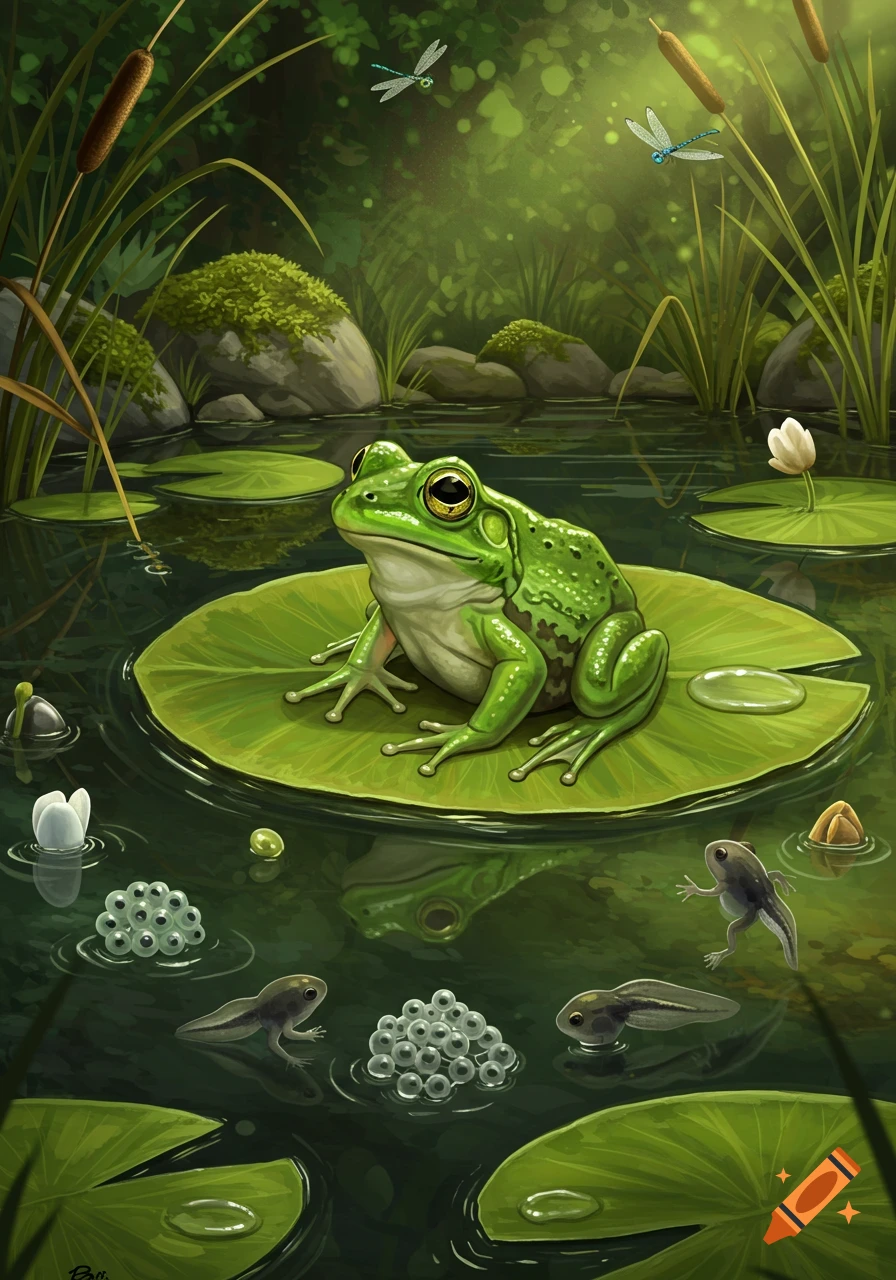 Digital illustration of a green frog on a lily pad in a pond, with tadpoles, frog eggs, and dragonflies, showing its life cycle.