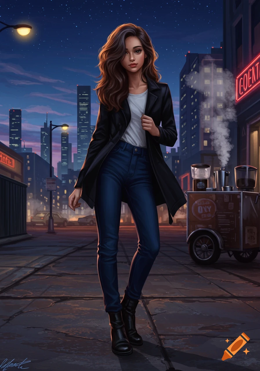 A stylized painting of a young woman in dark blue jeans and a black jacket walking on a city street at dusk, with skyscrapers and street vendors in the background.