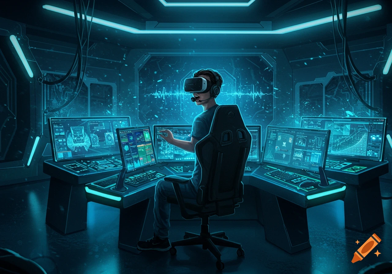 A person in a VR headset sits in a futuristic control room surrounded by glowing screens displaying data and UI elements, in a blue neon light style.