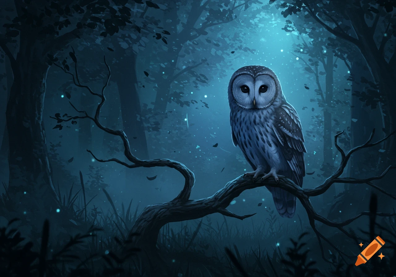 A grey-and-white owl with big black eyes perches on a dark branch in an enchanting, glowing blue forest at night, digital art.