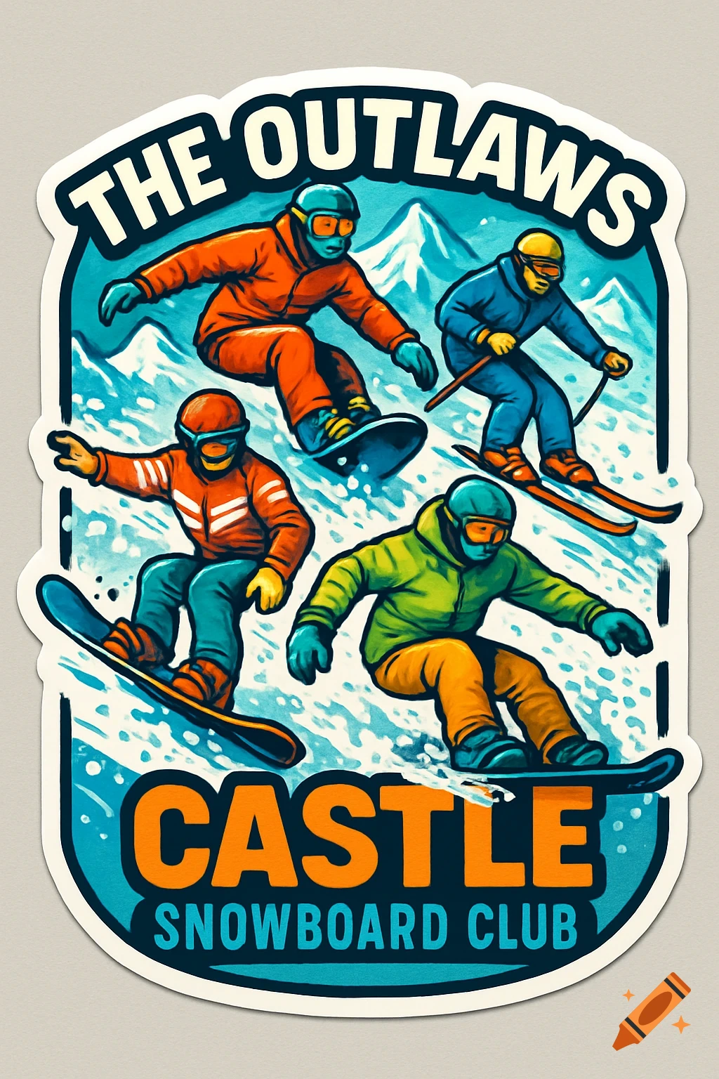 Graphic sticker featuring three snowboarders and one skier on a snowy mountain. Text reads "THE OUTLAWS CASTLE SNOWBOARD CLUB".