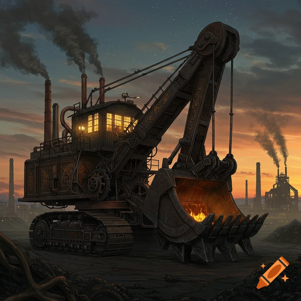 A detailed steampunk bucket wheel excavator with glowing windows and a fiery bucket, set against an industrial sunset.