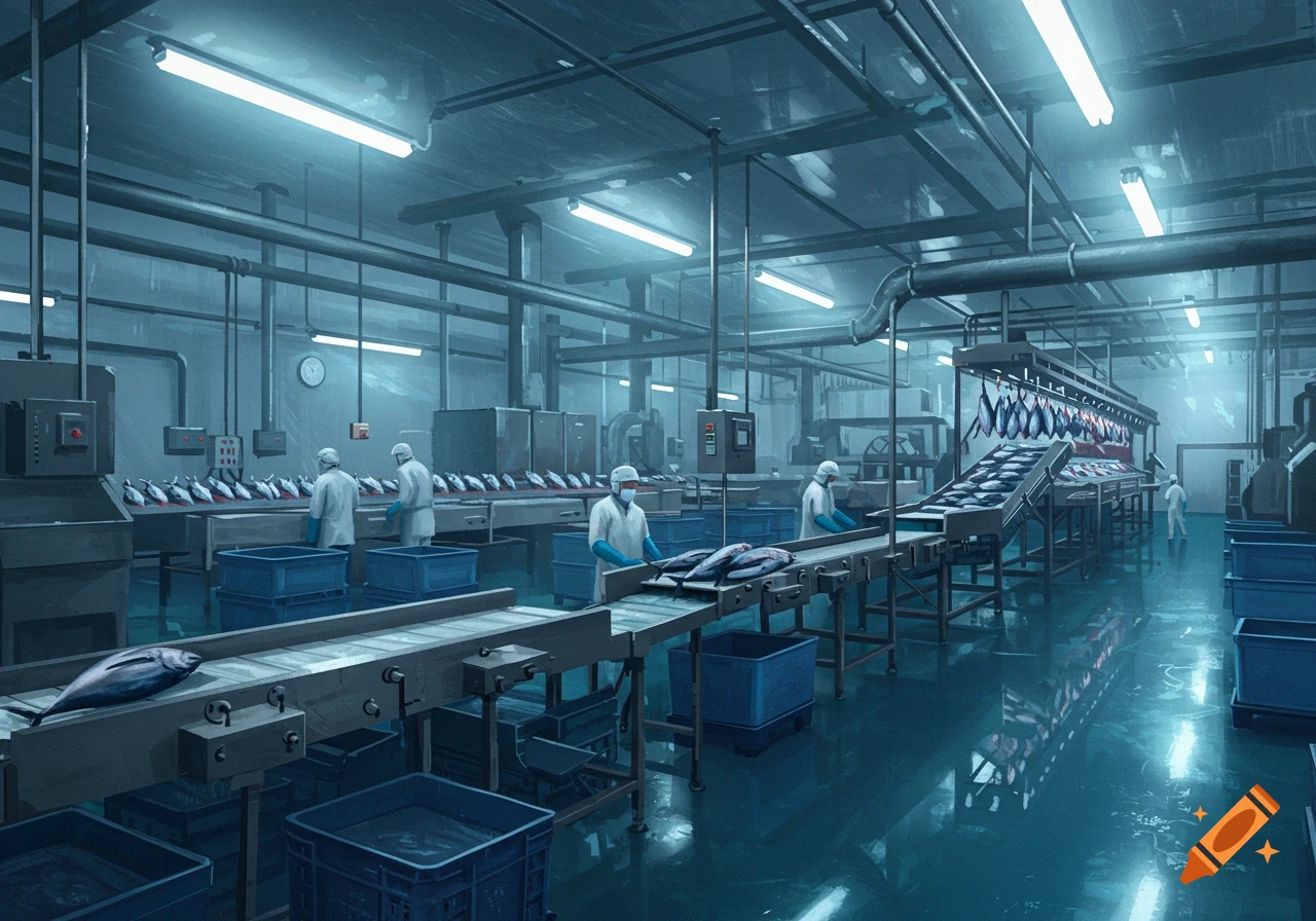 Workers in a cool-toned, blue and white tuna processing factory, with fish on conveyor belts under fluorescent lights.