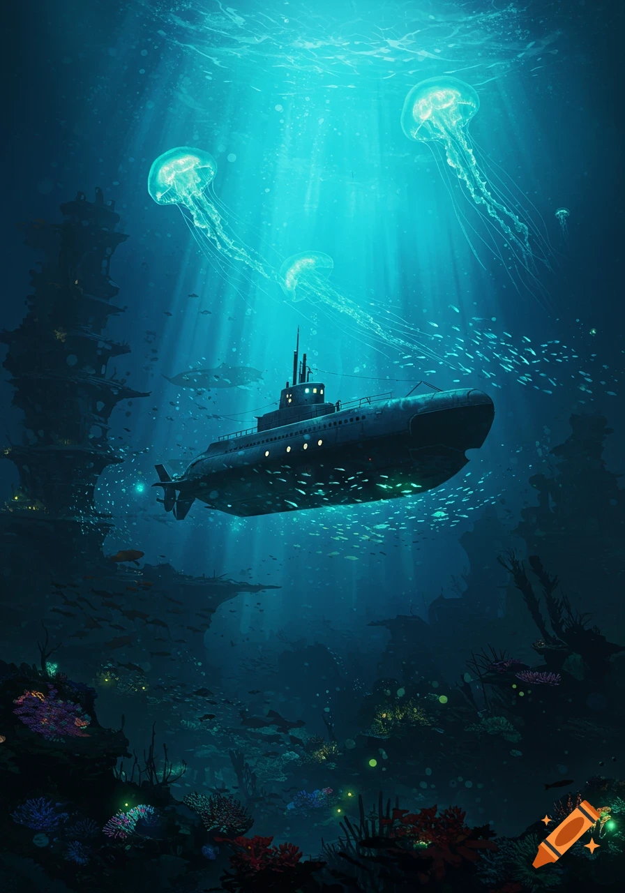 A submarine glides through a luminous blue underwater world with large jellyfish and glowing coral reefs.
